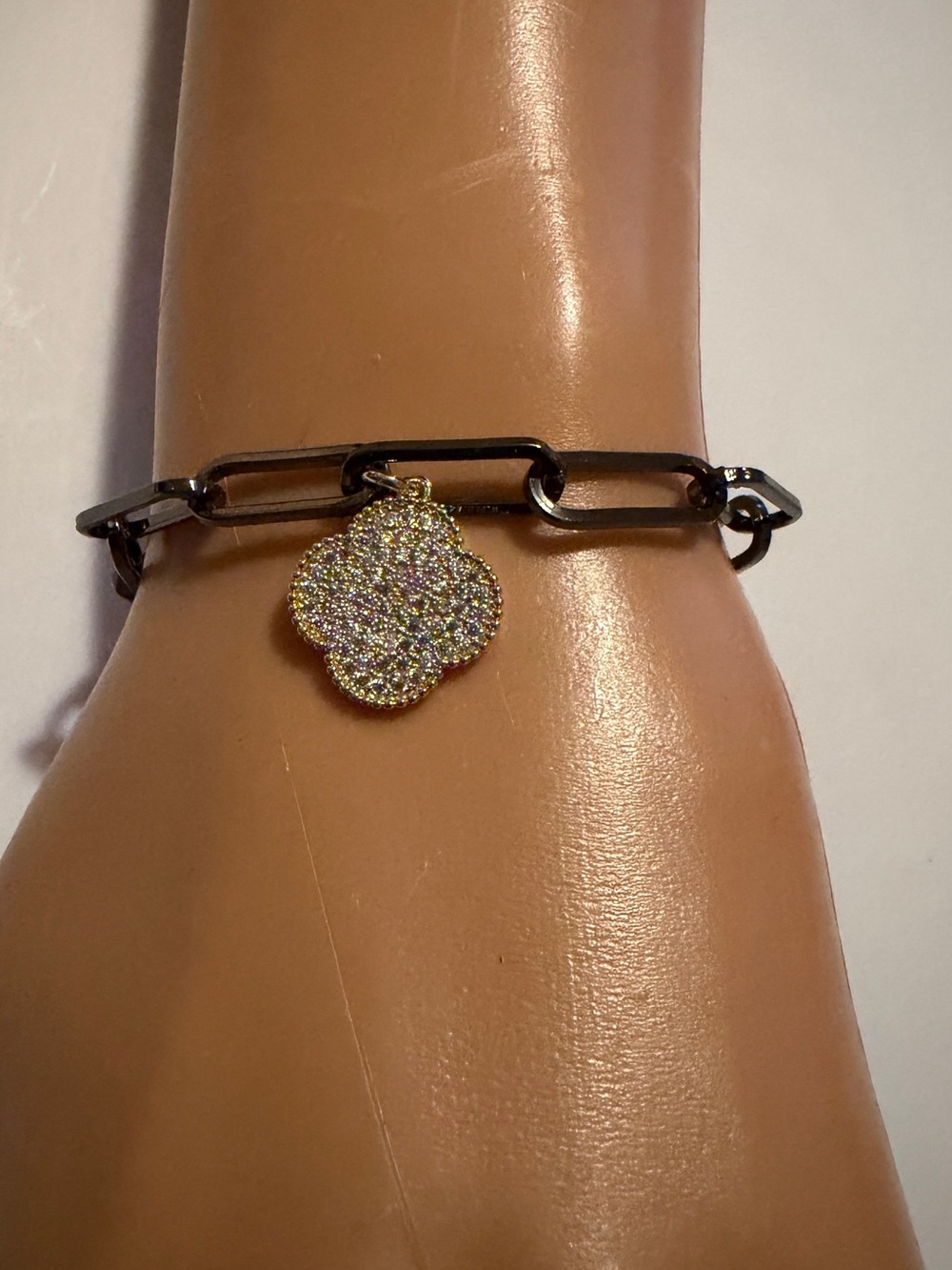 Landau Black Link Bracelet with Gold Pavé Clover Charm